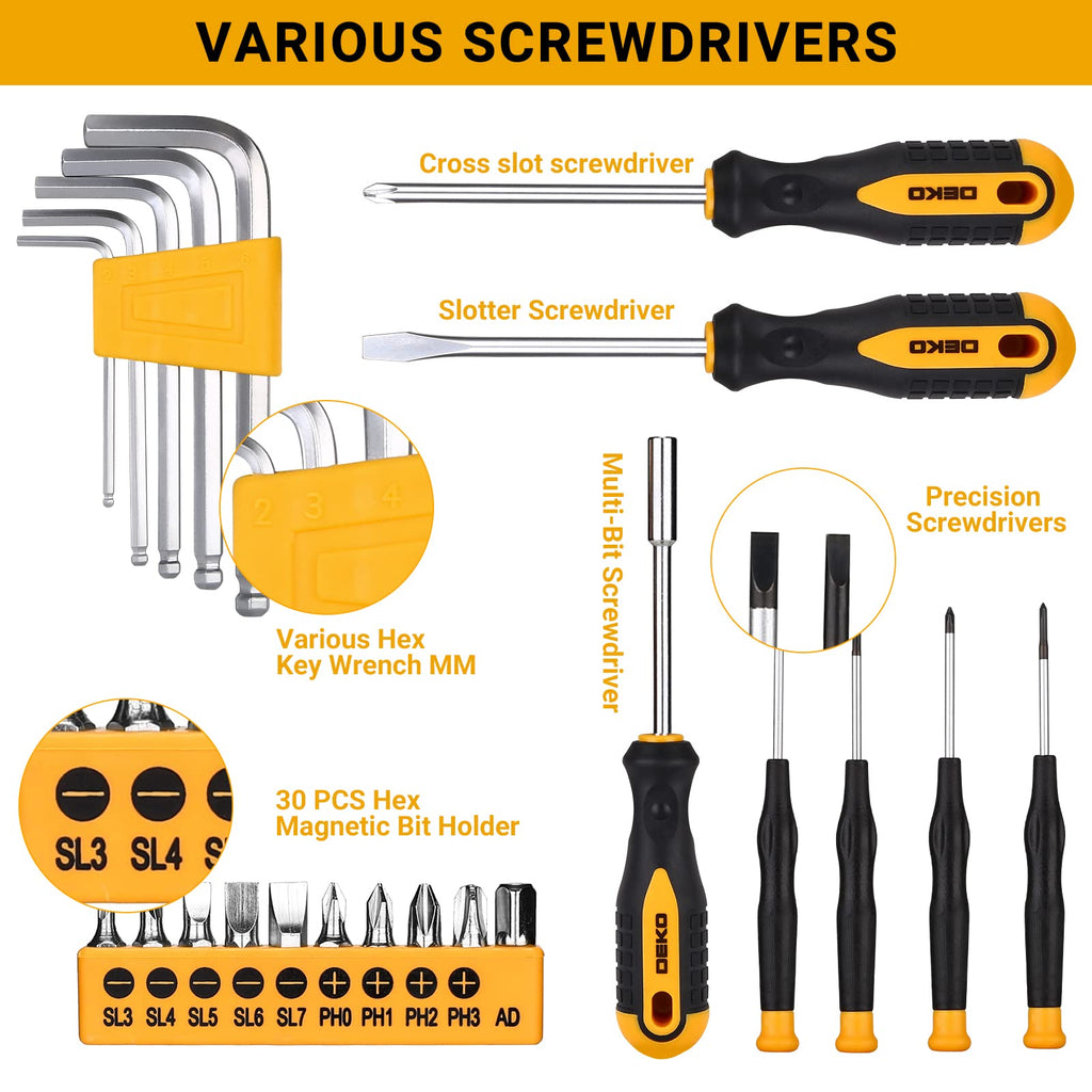 DEKO Tool Kit Set Box 100 Pieces Home Repair DIY Tools Basic Hand Toolbox Sets for Home