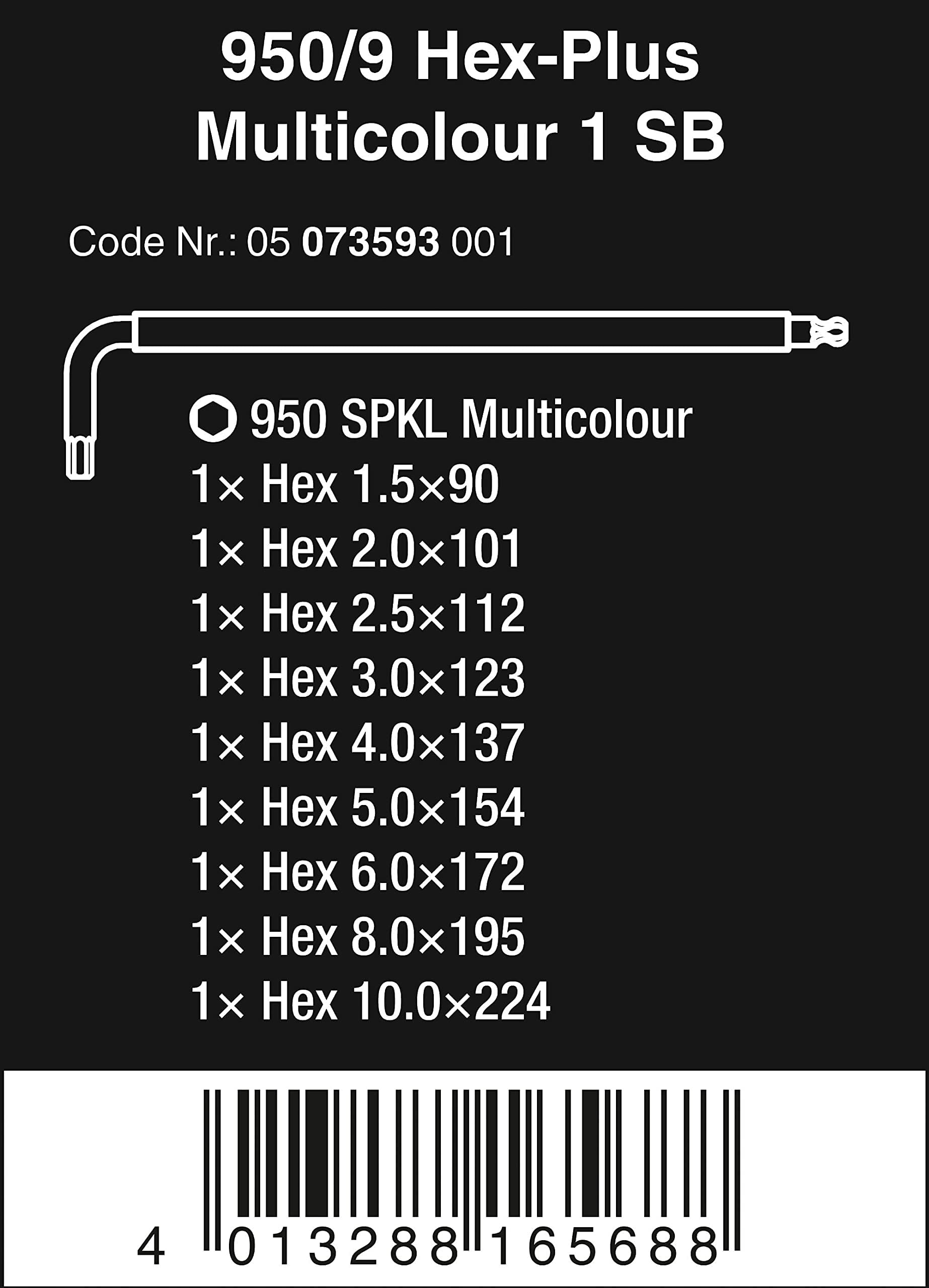 Wera 950 SPKL/9 SM N SB Multicolour BlackLaser L-Key Set, 9pc, Metric, 1.5-10mm, 05073593001, Silver