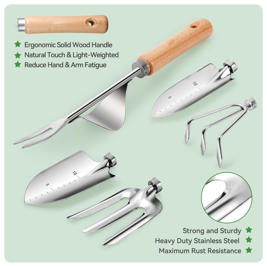 Grenebo Heavy Duty Garden Tools Set, 9-Piece Stainless Steel Rust-Proof Gardening Kit with Non-Slip Ergonomic Handles & Durable Storage Tote Bag, Gardening Gifts for Women Men, Plant Tools
