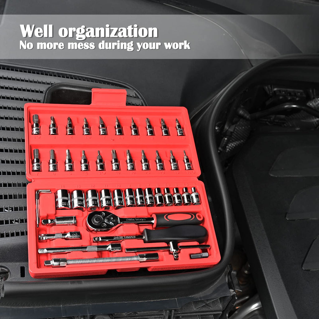 EGOFINE 46 Pieces 1/4" Drive Socket Set&Tool Sets, Ratchet Wrench Set with Bit Socket Set Metric and Extension Bar for DIY, Car Repair and Household with Storage Case