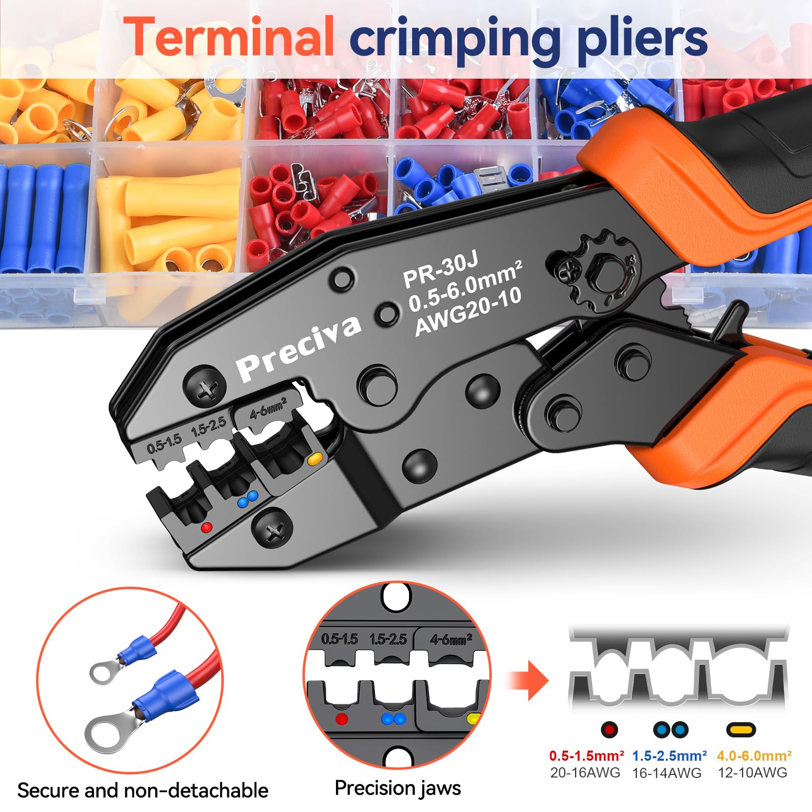 Insulated Crimping Tools, Preciva 0.5-1.5/1.5-2.5/4-6mm²(A.W.G. 20-10) Crimping Tool, with 370pcs terminals. Suits Electrical Wiring Repair, Car, Van, Motorbike etc