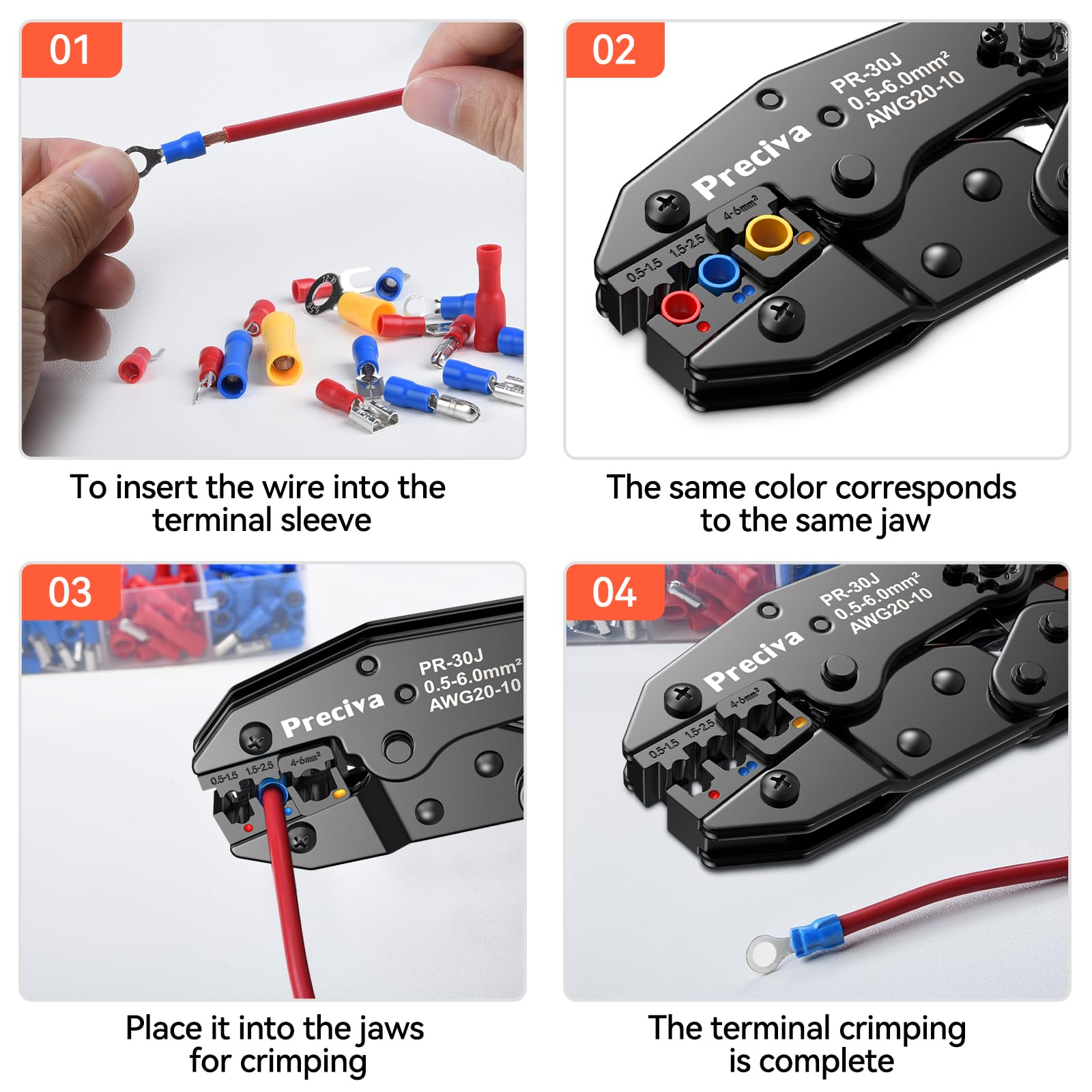 Insulated Crimping Tools, Preciva 0.5-1.5/1.5-2.5/4-6mm²(A.W.G. 20-10) Crimping Tool, with 370pcs terminals. Suits Electrical Wiring Repair, Car, Van, Motorbike etc