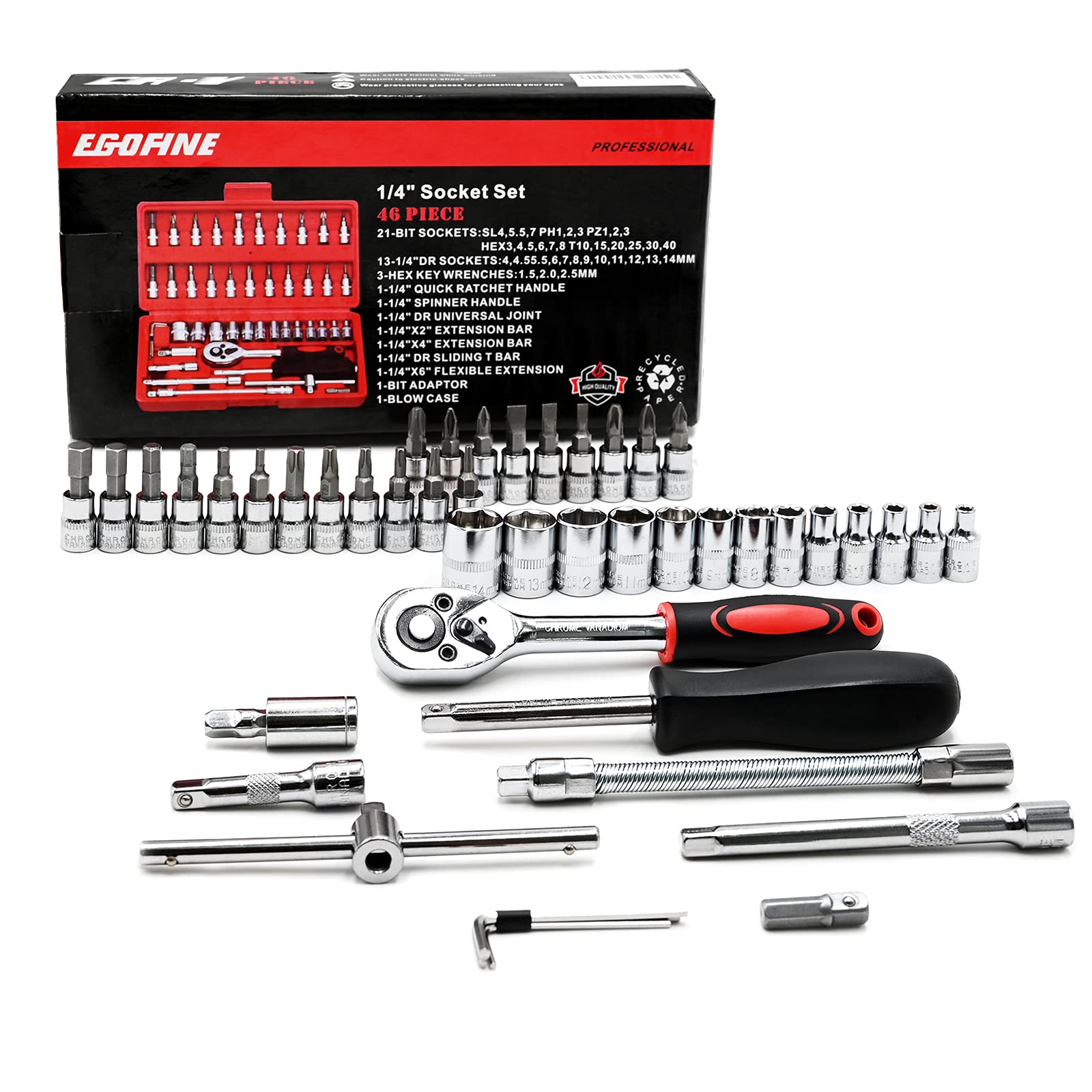 EGOFINE 46 Pieces 1/4" Drive Socket Set&Tool Sets, Ratchet Wrench Set with Bit Socket Set Metric and Extension Bar for DIY, Car Repair and Household with Storage Case