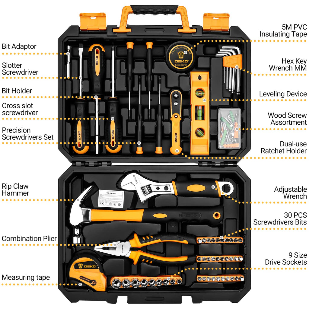 DEKO Tool Kit Set Box 100 Pieces Home Repair DIY Tools Basic Hand Toolbox Sets for Home