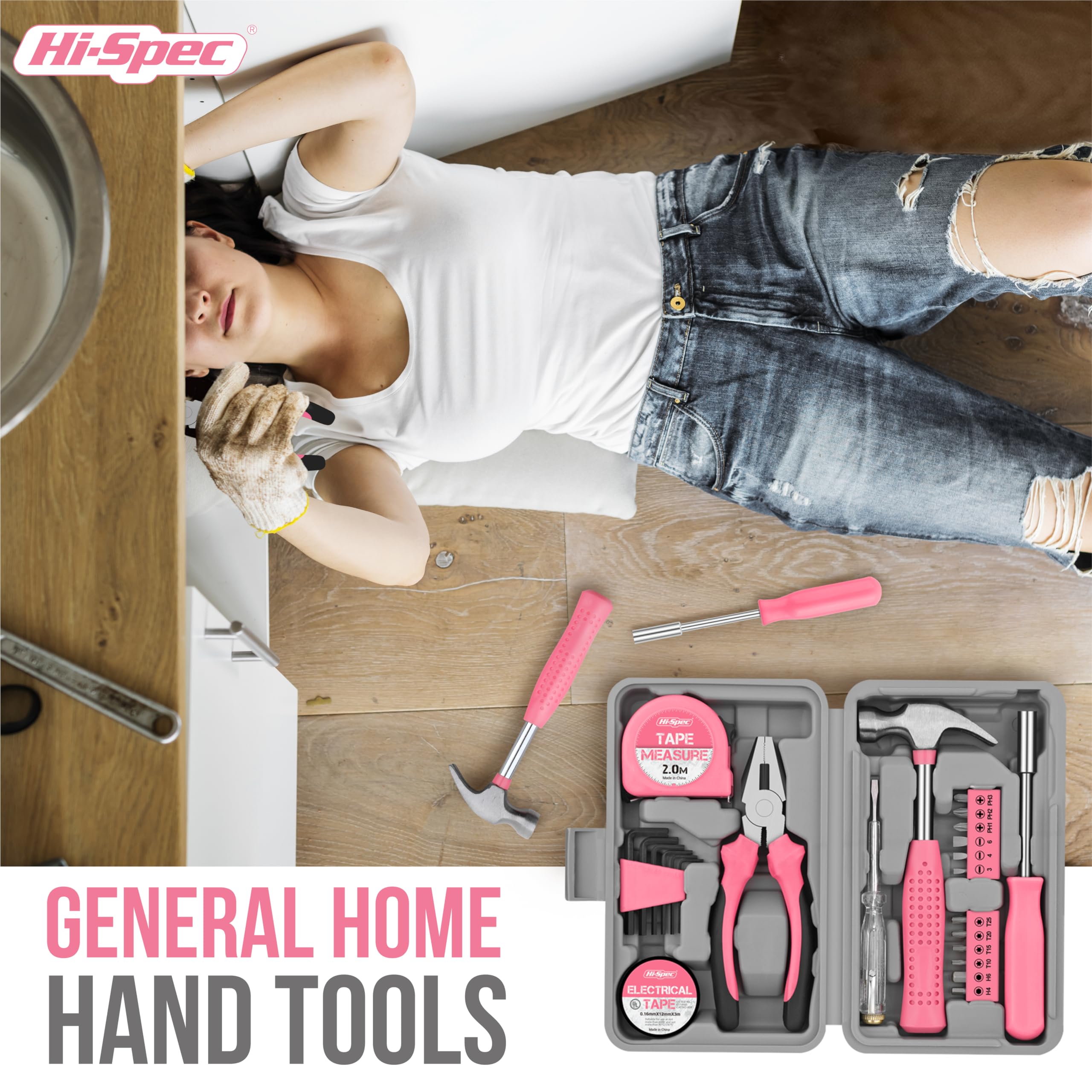 Hi-Spec Pink Small Tool Kit for Home DIY, Repairs & Crafts – 24pc Lady Tool Set with Mini Hammer, Pliers, Screwdriver Set, Hex Keys & Tape Measure in Compact Tool Box Case – Gift for Women
