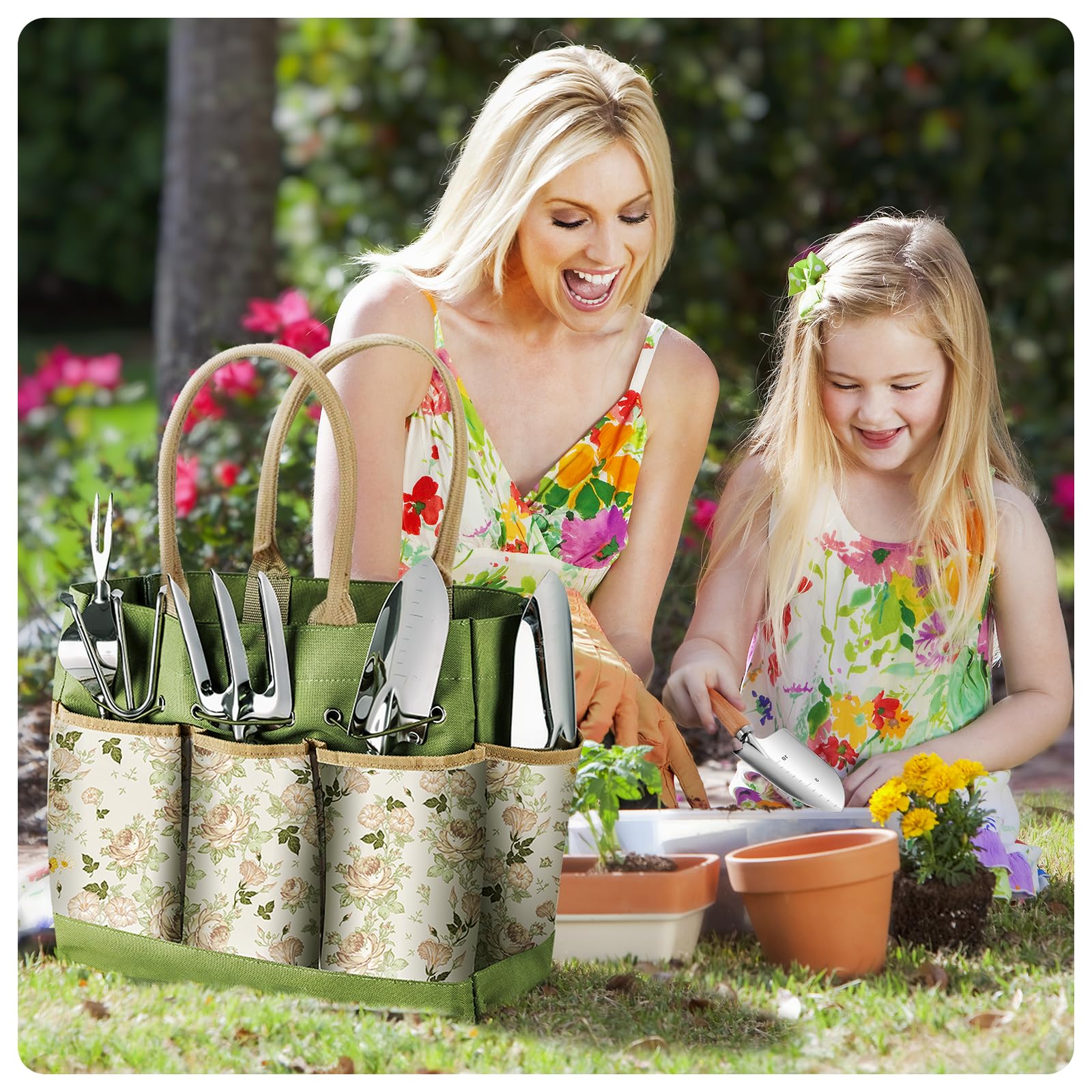 Grenebo Heavy Duty Garden Tools Set, 9-Piece Stainless Steel Rust-Proof Gardening Kit with Non-Slip Ergonomic Handles & Durable Storage Tote Bag, Gardening Gifts for Women Men, Plant Tools
