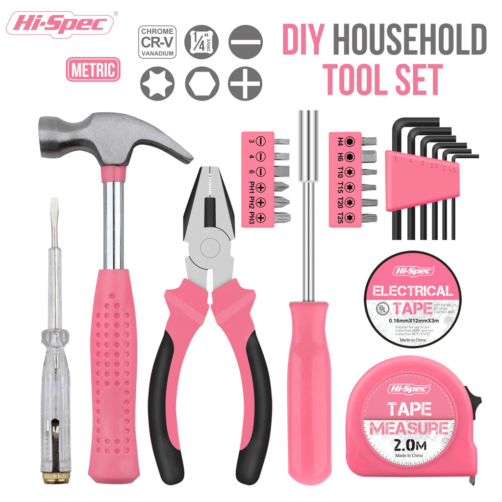 Hi-Spec Pink Small Tool Kit for Home DIY, Repairs & Crafts – 24pc Lady Tool Set with Mini Hammer, Pliers, Screwdriver Set, Hex Keys & Tape Measure in Compact Tool Box Case – Gift for Women