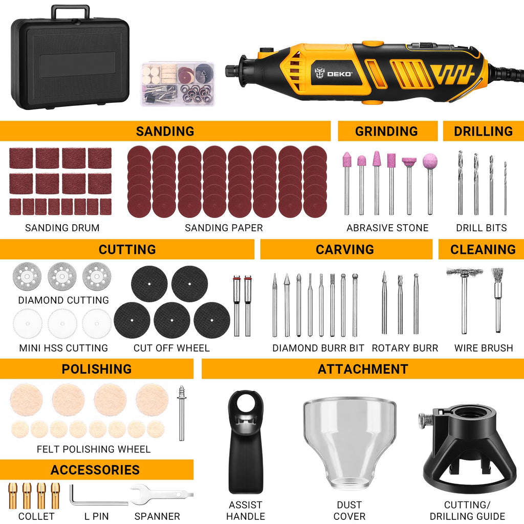 Power Rotary Tool Kit 170W: DEKOPRO 126pc Multi DIY Tool Kit for Wood/Metal - Mini Electric Sander/Drill Set with Flex Shaft for Carving,Cutting,Sanding,Grinding,Engraving,Polishing for 3D Printing