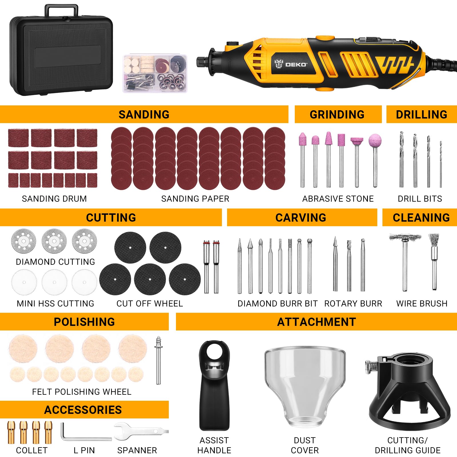 Power Rotary Tool Kit 170W: DEKOPRO 126pc Multi DIY Tool Kit for Wood/Metal - Mini Electric Sander/Drill Set with Flex Shaft for Carving,Cutting,Sanding,Grinding,Engraving,Polishing for 3D Printing