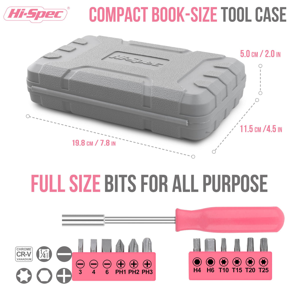 Hi-Spec Pink Small Tool Kit for Home DIY, Repairs & Crafts – 24pc Lady Tool Set with Mini Hammer, Pliers, Screwdriver Set, Hex Keys & Tape Measure in Compact Tool Box Case – Gift for Women