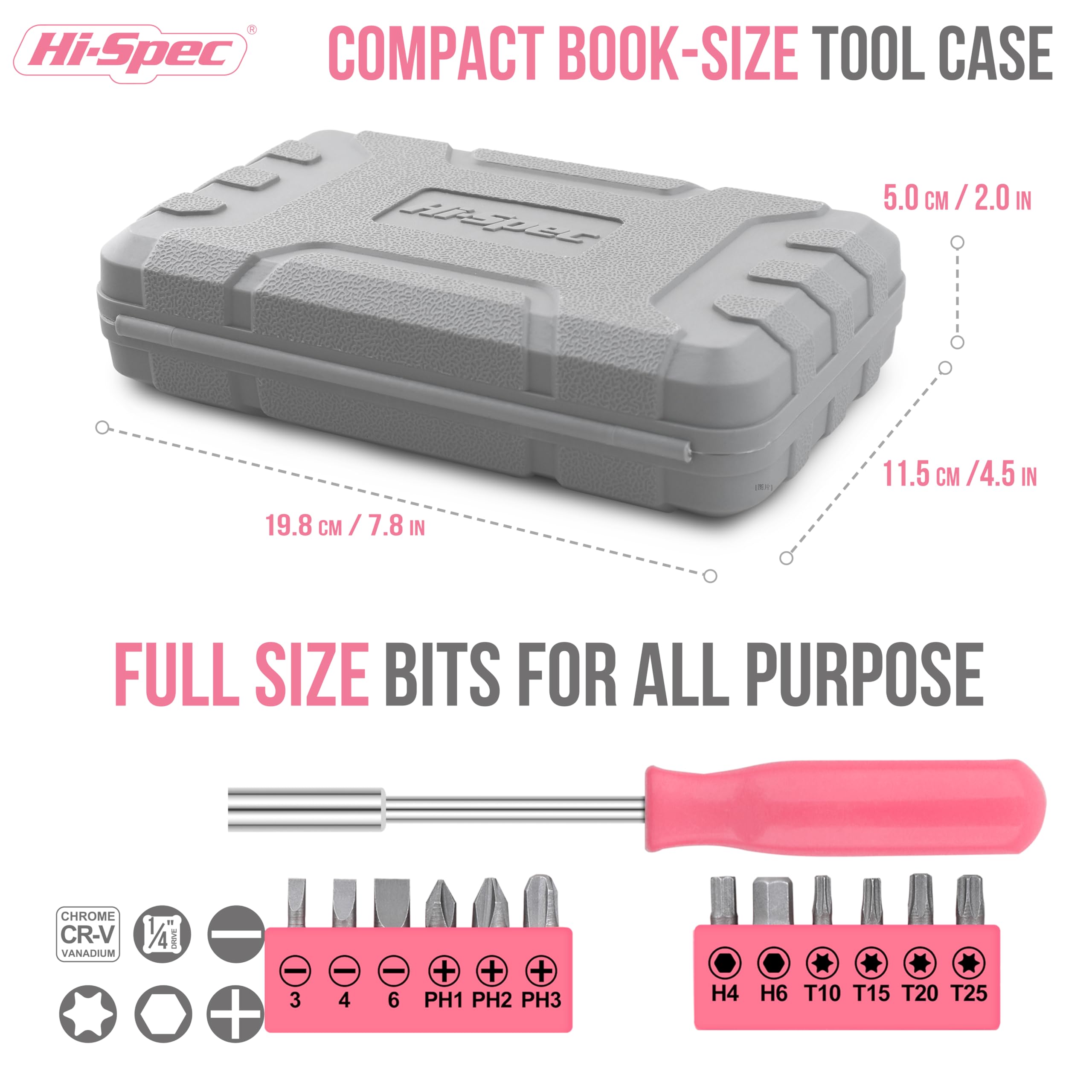 Hi-Spec Pink Small Tool Kit for Home DIY, Repairs & Crafts – 24pc Lady Tool Set with Mini Hammer, Pliers, Screwdriver Set, Hex Keys & Tape Measure in Compact Tool Box Case – Gift for Women
