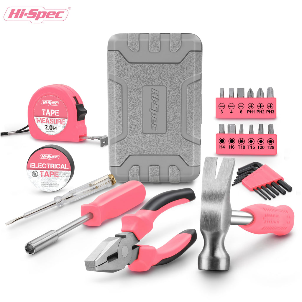 Hi-Spec Pink Small Tool Kit for Home DIY, Repairs & Crafts – 24pc Lady Tool Set with Mini Hammer, Pliers, Screwdriver Set, Hex Keys & Tape Measure in Compact Tool Box Case – Gift for Women